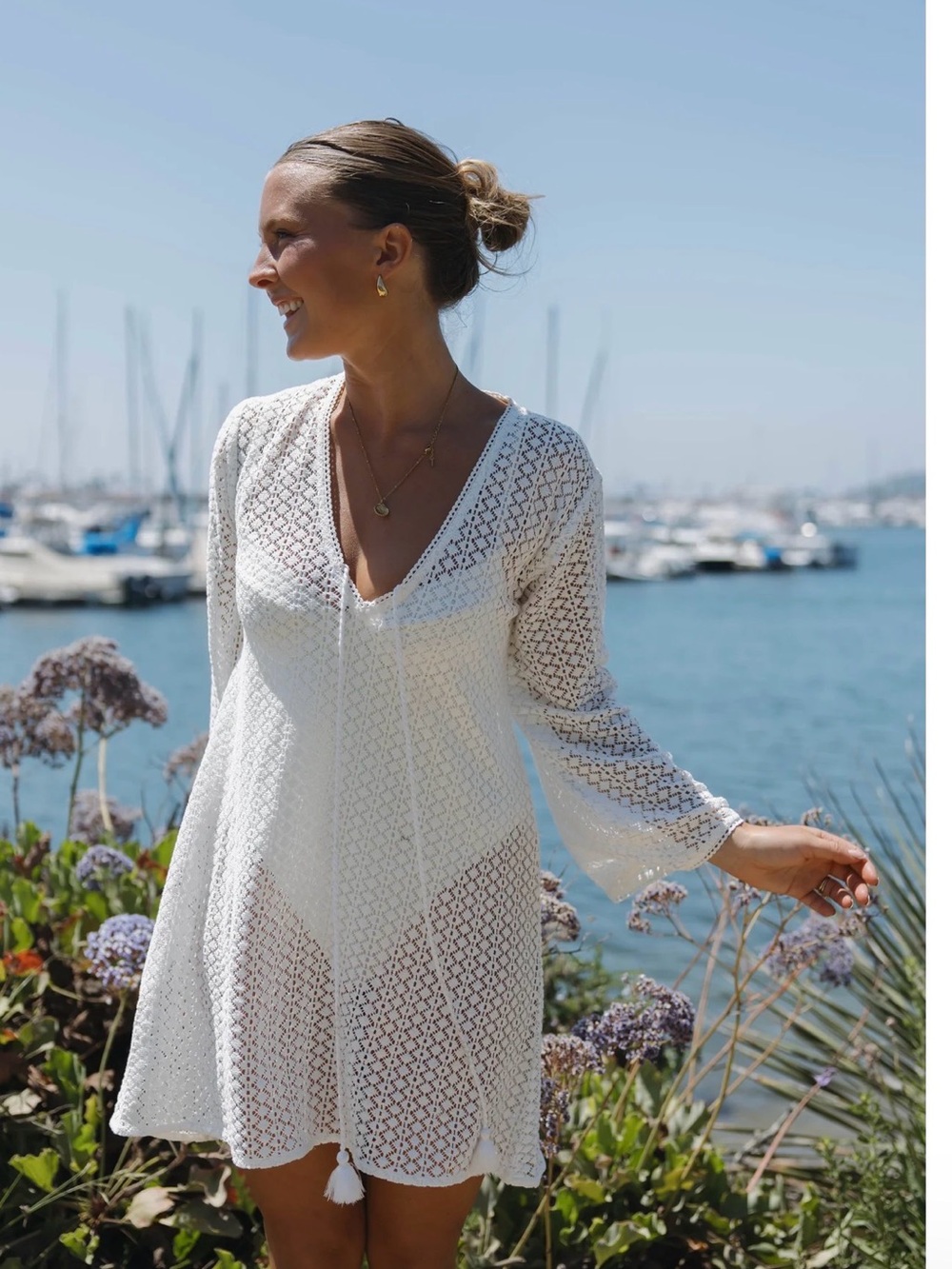 Sorrento Bell Sleeve Dress - Aria Fabric in White